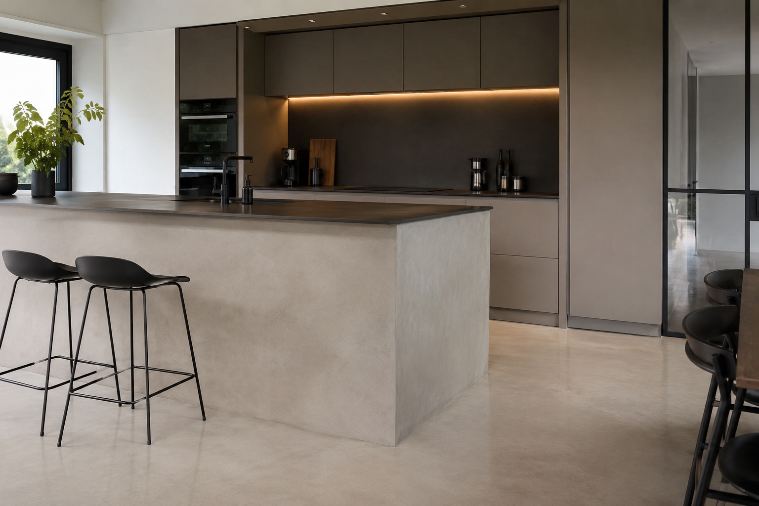 Cucina moderna con isola rivestita in microcemento e arredi scuri.