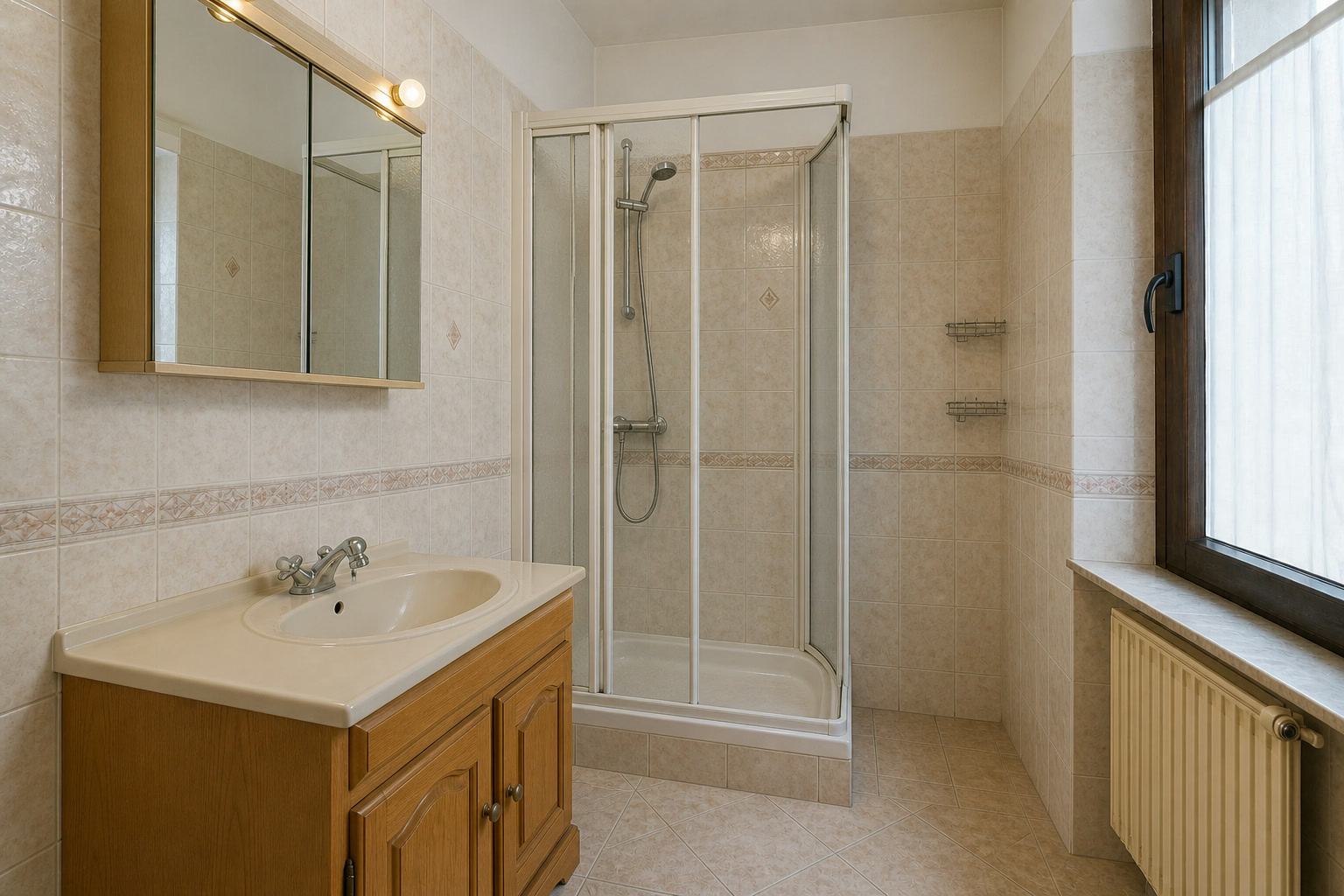 Simulazione prima della ristrutturazione: bagno anni Novanta con mobile in rovere, piastrelle beige e box doccia con telaio.
